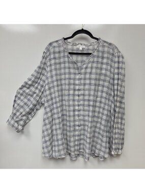 Daily Thread Shirt Womens 3X Gray Plaid Button Ruffle Long Sleeve Tunic Top